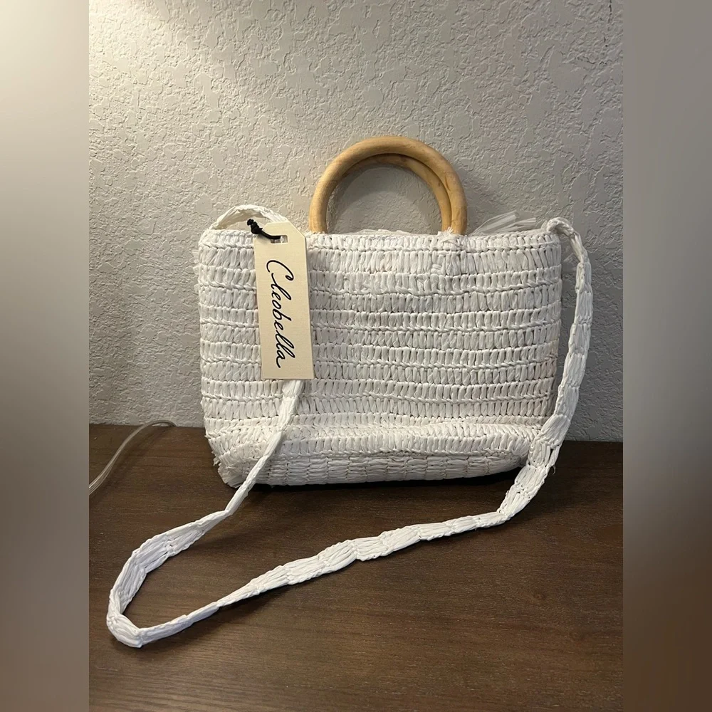 NWT Cleobella Raffia straw purse White Woven Handbag with Wooden Handles - Picture 6 of 13